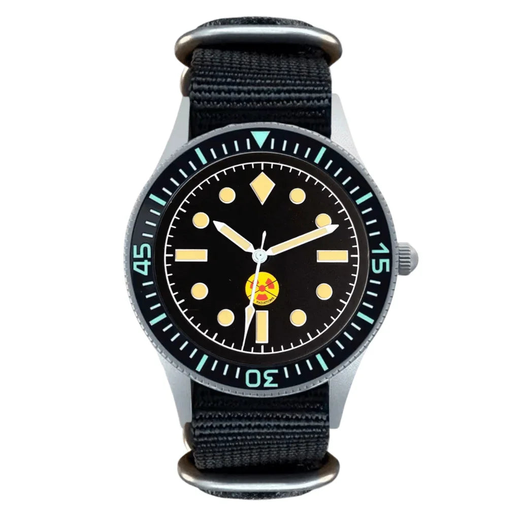 Vintage style custom mod watch by Watchbrick with black dial, geometric markers, and fabric strap