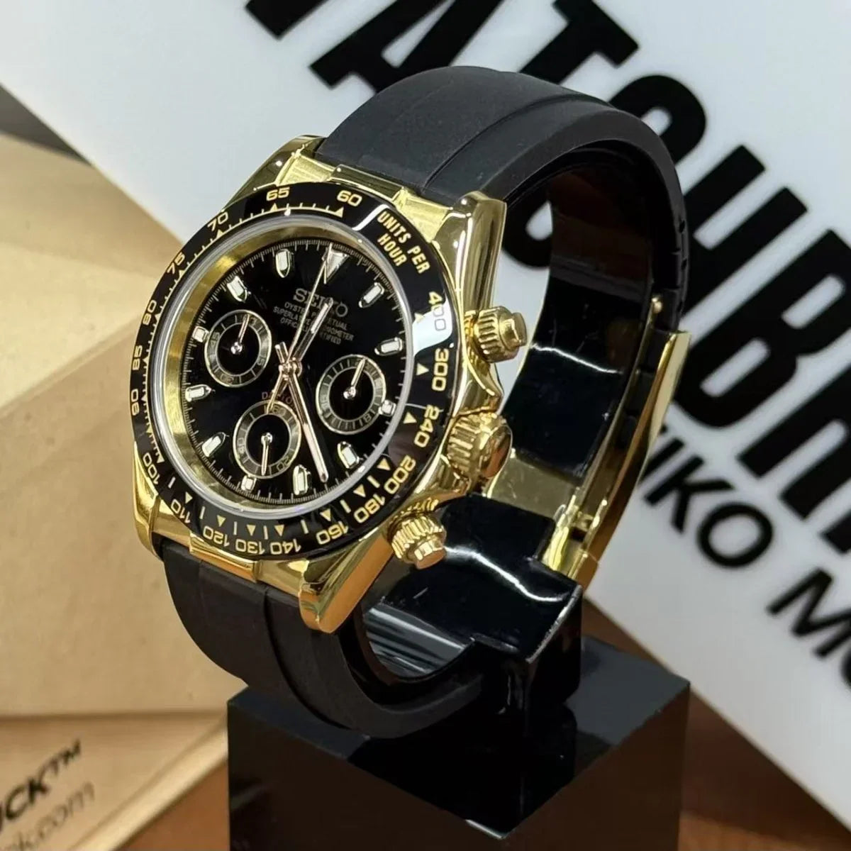 SEIKTONA | Yellow Gold Black Rubber VK63 - WB MOD WATCHES