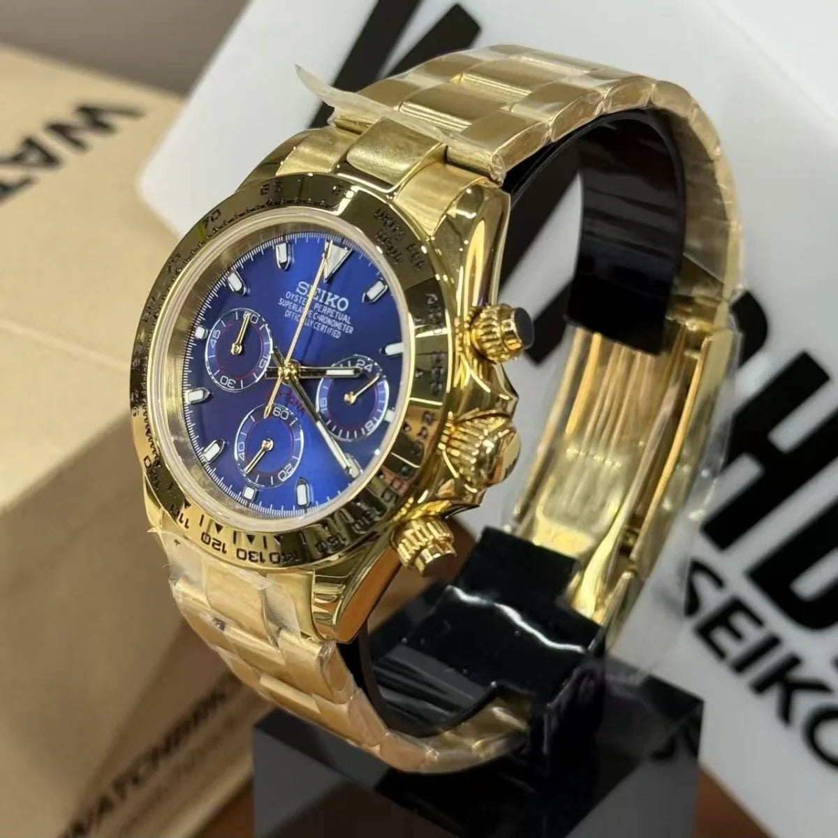SEIKTONA | Yellow Gold Blue VK63 - WB MOD WATCHES