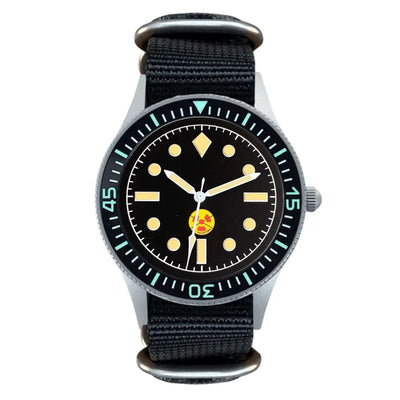 Vintage style custom mod watch by Watchbrick with black dial, geometric markers, and fabric strap
